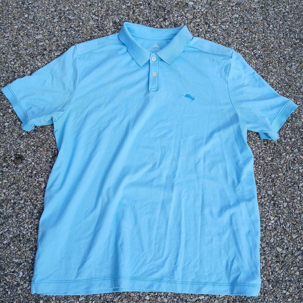 Tommy Bahama Polo Shirt Mens XL Blue Solid Cotton Marlin Logo Golf Casual